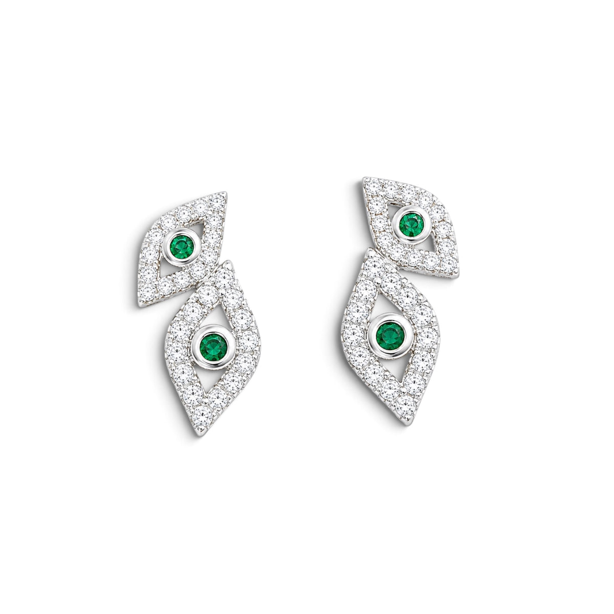 A pair of silver-toned drop earrings featuring pavé-set marquise-cut diamonds with small round green emerald-cut center stones, shown on a plain white background.