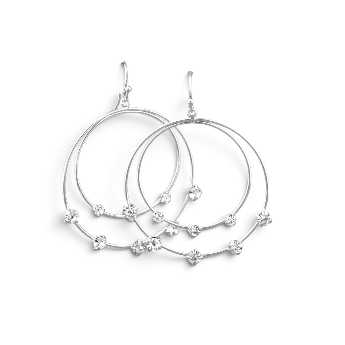 A pair of silver-toned double hoop earrings with small clear crystal flower accents, displayed on a clean white background.