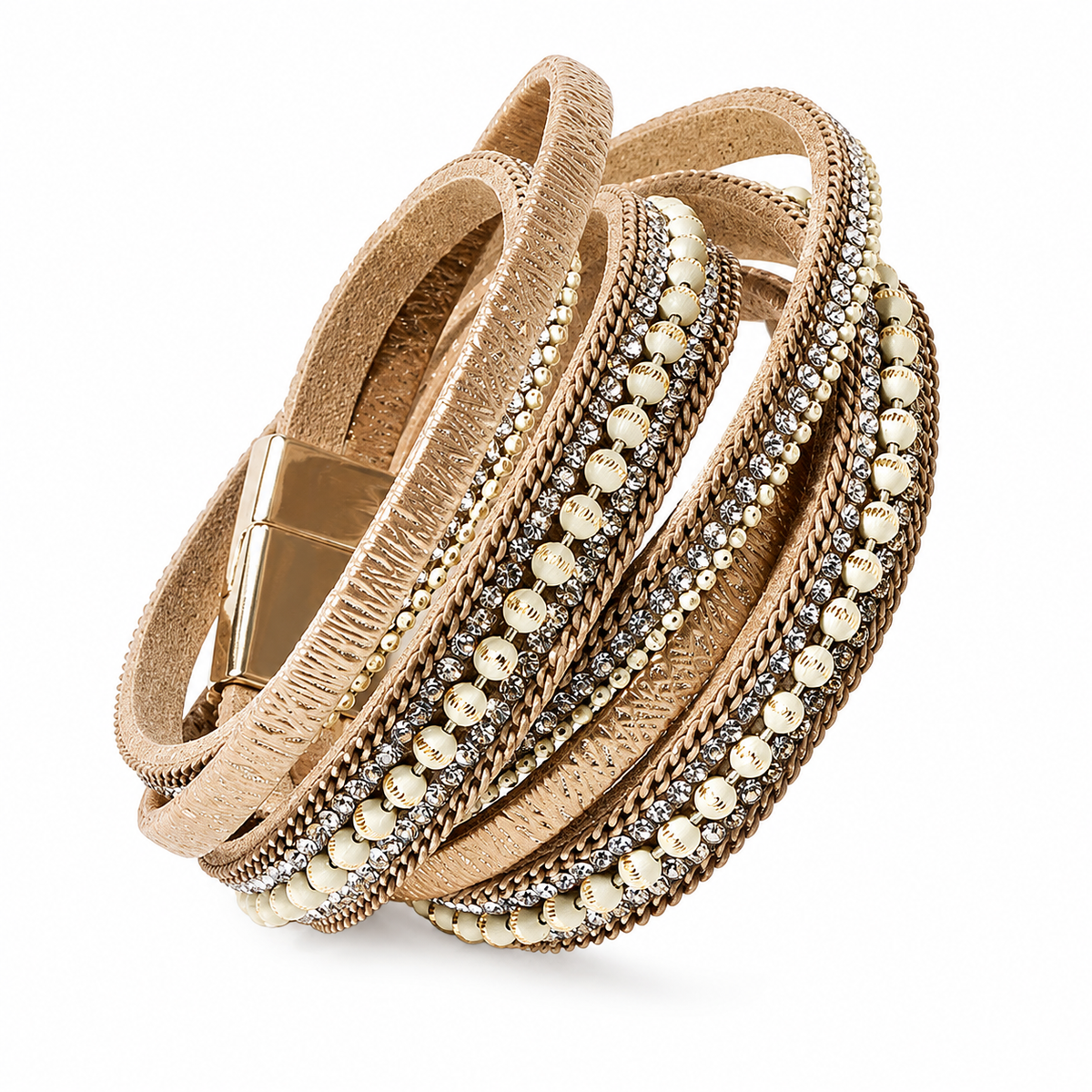A multi-strand wrap bracelet featuring tan faux leather, braided cord, and rows of clear rhinestones with gold-toned bezel settings, displayed on a clean white background.