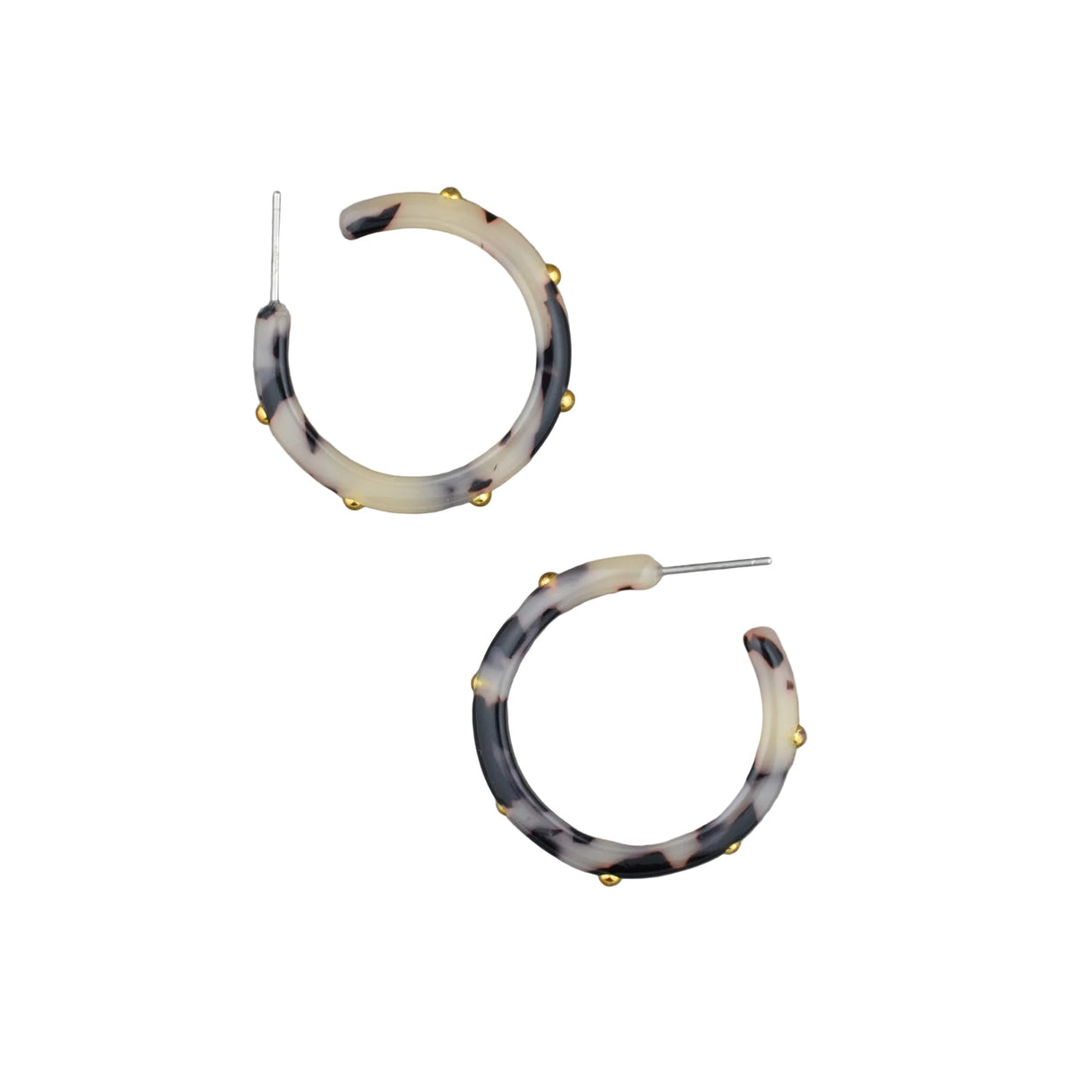 A pair of open hoop earrings made of tortoiseshell acetate with small gold bead accents along the edge, shown on a plain white background.