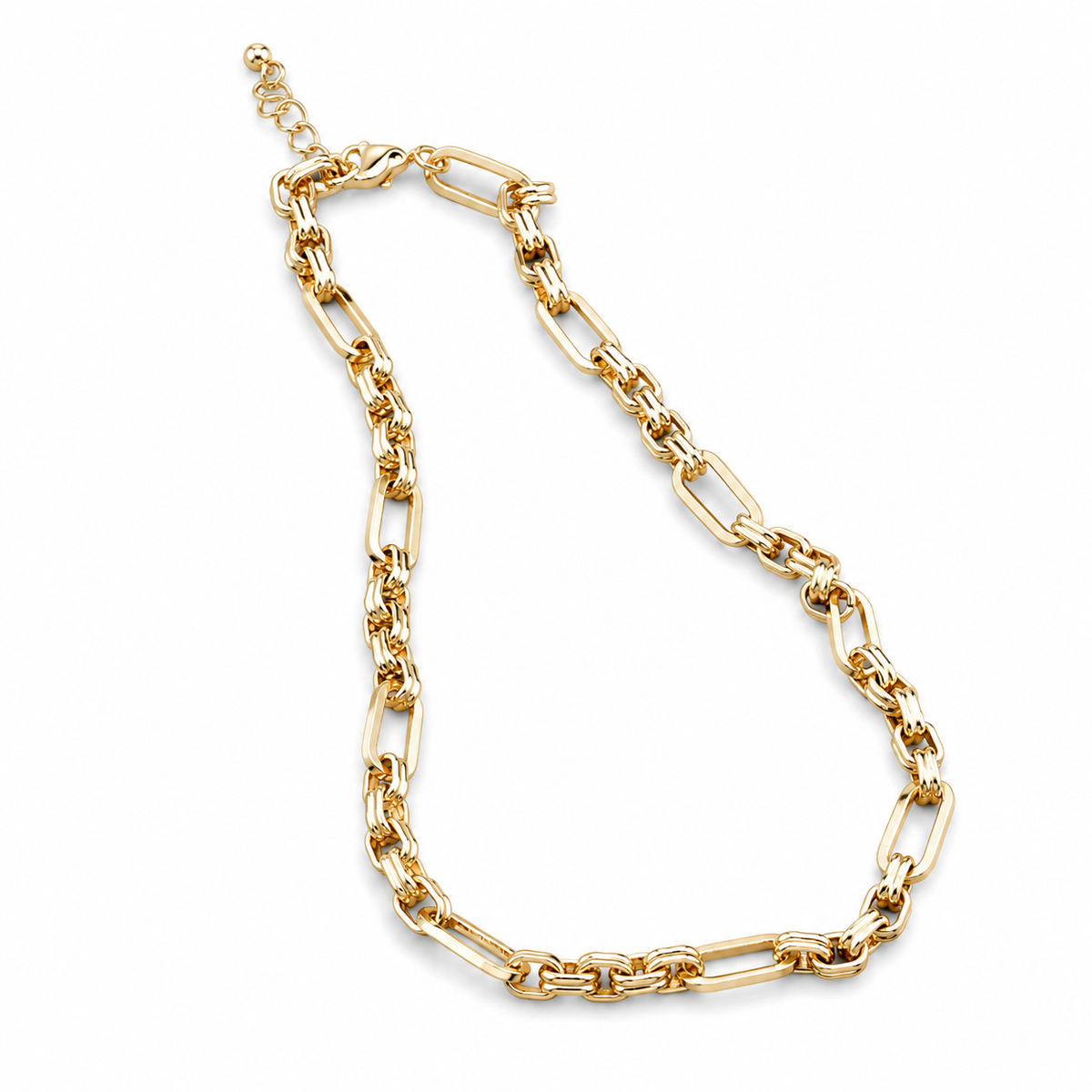 A gold paperclip chain necklace with a matching extender clasp, displayed on a clean white background.