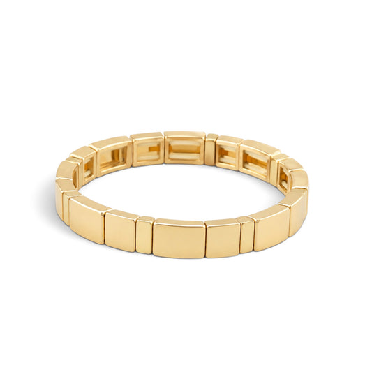 A gold-plated rectangular link bracelet with a polished finish, displayed on a clean white background.