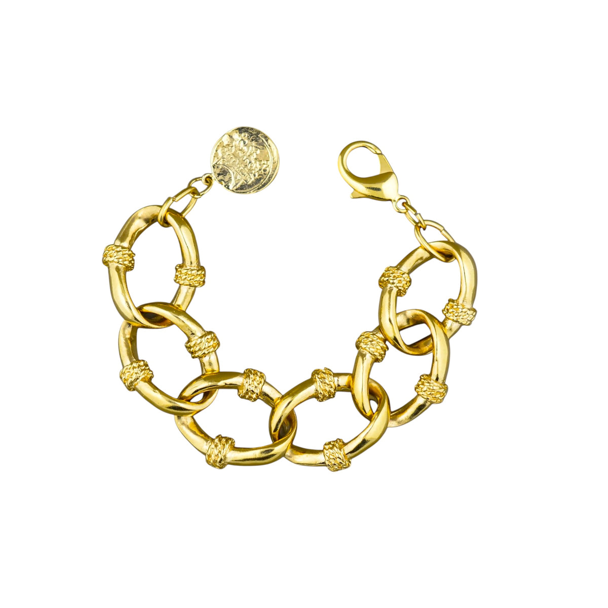 A gold chain bracelet with textured rope-like links and a small round charm, shown on a plain white background.