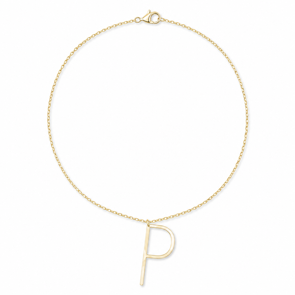 A delicate gold chain necklace with a small initial pendant letter 'P', displayed on a clean white background.