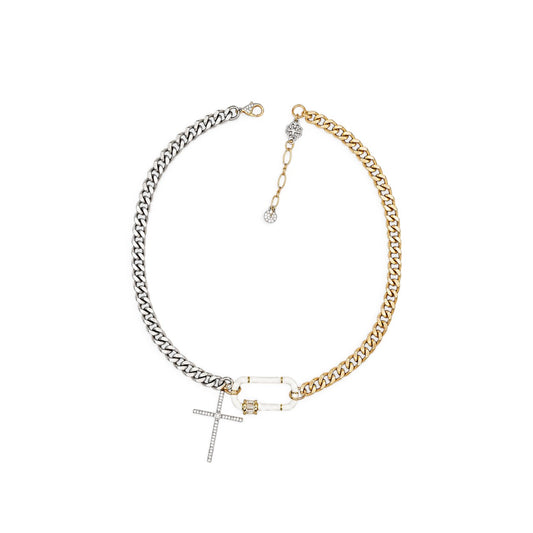 A two-tone chain necklace featuring a silver-toned curb chain on one side and a gold-toned curb chain on the other, with a small cross charm and safety-pin style connector in the center, shown on a plain white background.