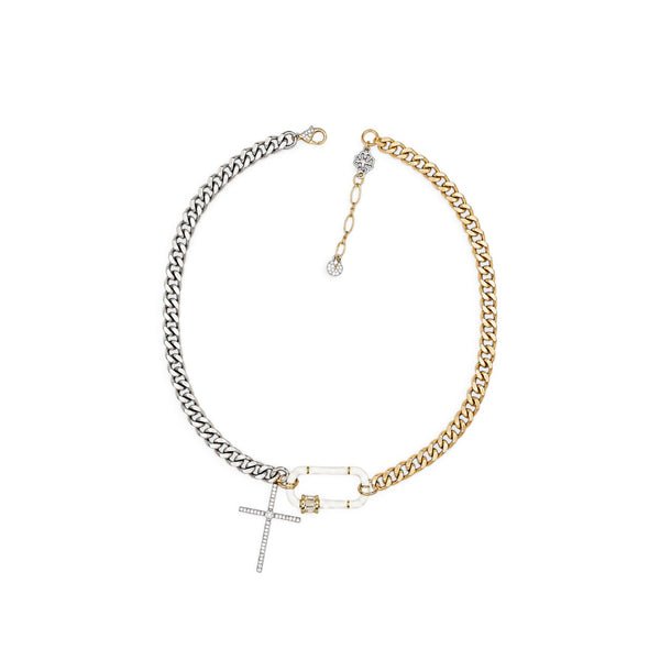 A two-tone chain necklace featuring a silver-toned curb chain on one side and a gold-toned curb chain on the other, with a small cross charm and safety-pin style connector in the center, shown on a plain white background.