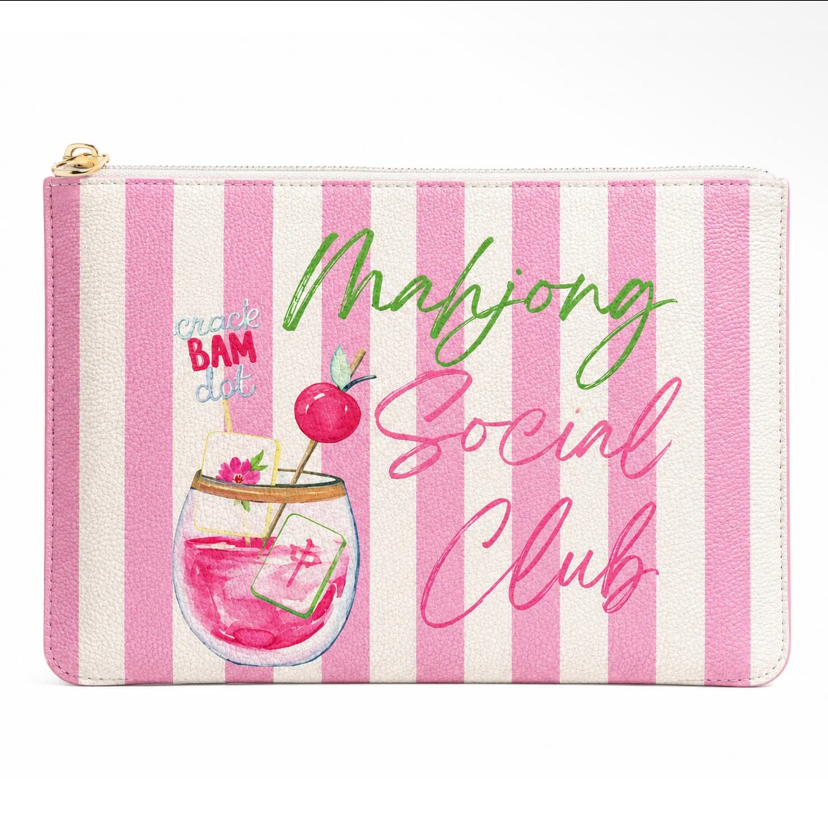 A zippered pouch with pink and white vertical stripes, featuring a colorful illustration of a pink cocktail and the text 'Mahjong Social Club' in green and pink script.