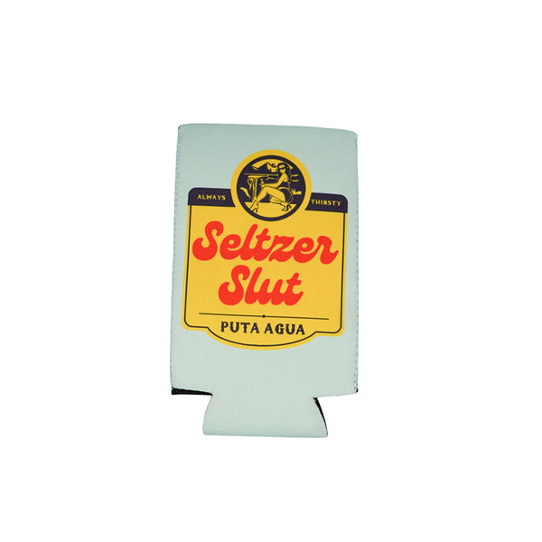 A light mint green neoprene can cooler with 'Seltzer Slut' text and a graphic of a seltzer bottle.