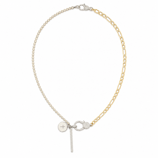 A delicate two-tone necklace featuring a silver-toned chain and a gold-toned Figaro chain segment, with a central charm displaying a silver cross, a pavé-set circular motif, and a vertical pavé drop, all on a solid white background.