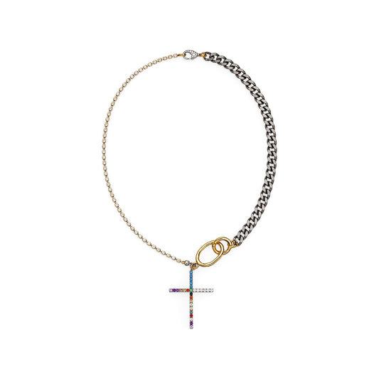 A double-chain necklace featuring a gold-toned fine chain and a silver-toned curb chain, accented by a gold ring connector and a cross-shaped pendant paved with multicolor gemstones.