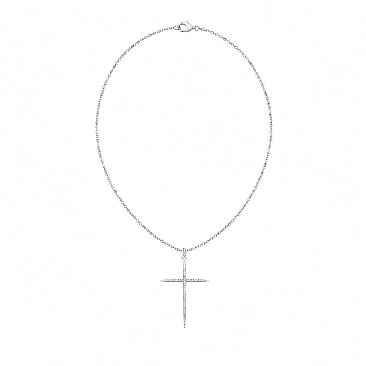 A silver cross pendant necklace with a delicate chain, displayed on a clean white background.