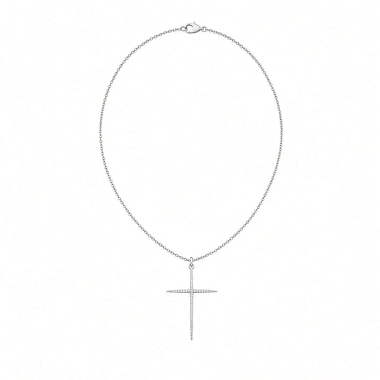 A silver cross pendant necklace with a delicate chain, displayed on a clean white background.