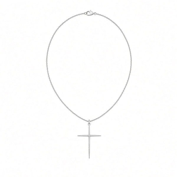 A silver cross pendant necklace with a delicate chain, displayed on a clean white background.