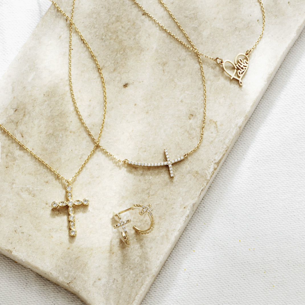Curved Pave Cross Necklace